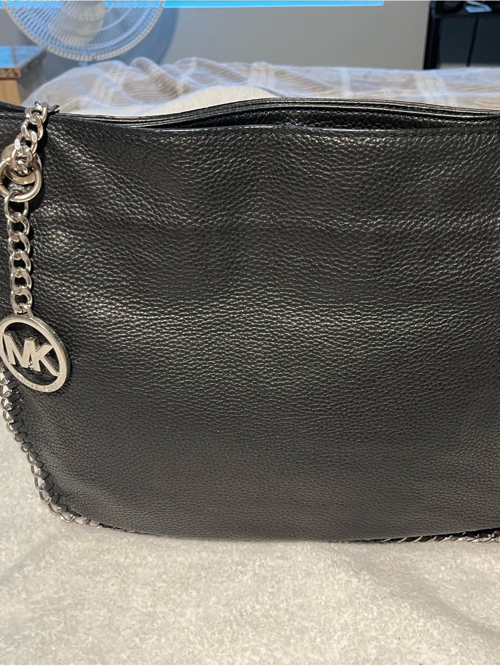 Michael Kors Black Pebbled Leather Shoulder Bag with Silver Chain Detail
